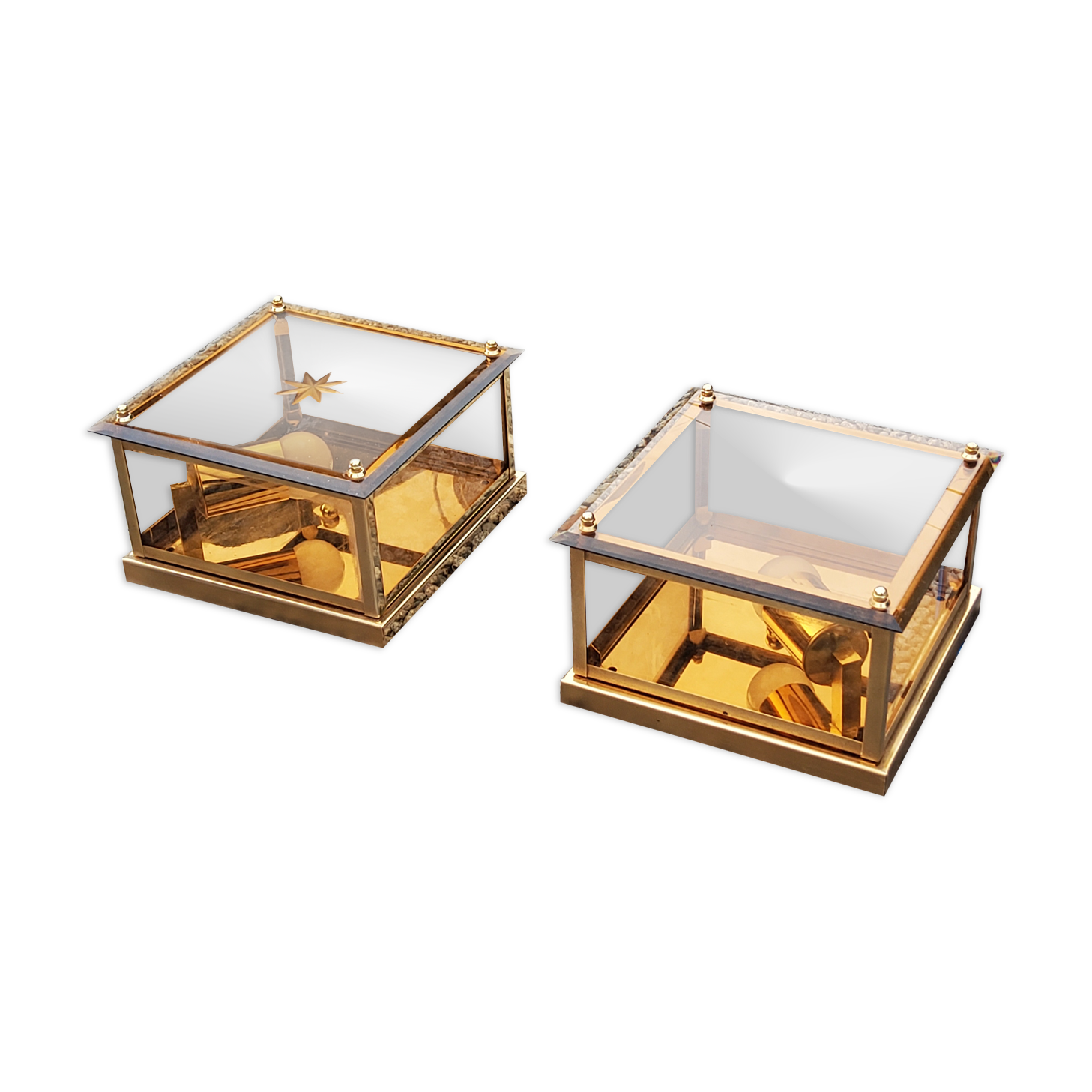 Pair of wall lamps in smoked glass and gilded metal from the 70s/80s