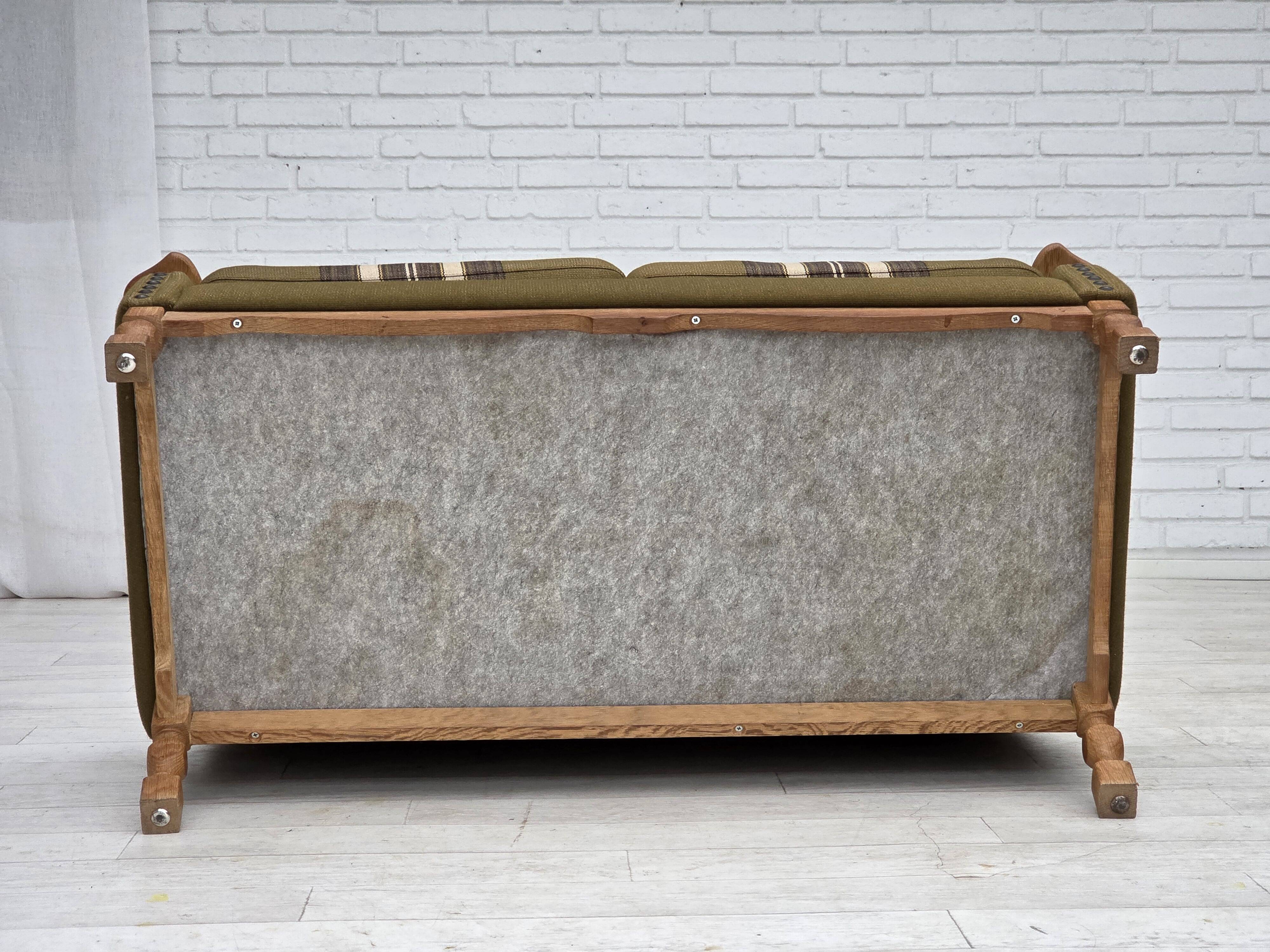 1970s, Danish 2-seater sofa, green furniture wool, oak wood.