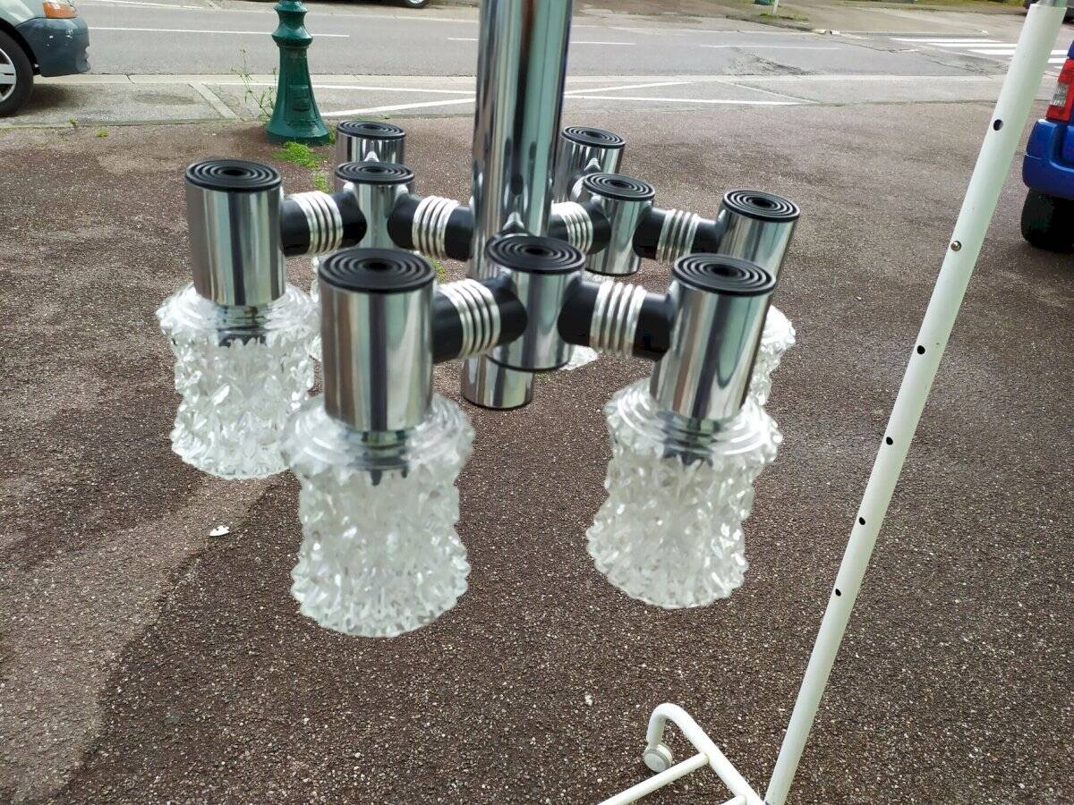 Vintage ceiling light in chrome-plated and cut glass, Targetti 1970 chandelier
