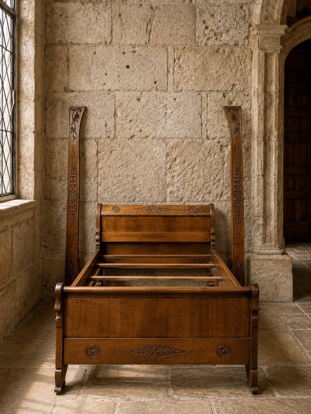 Sculpted walnut boat bed – Directoire period, around 1800