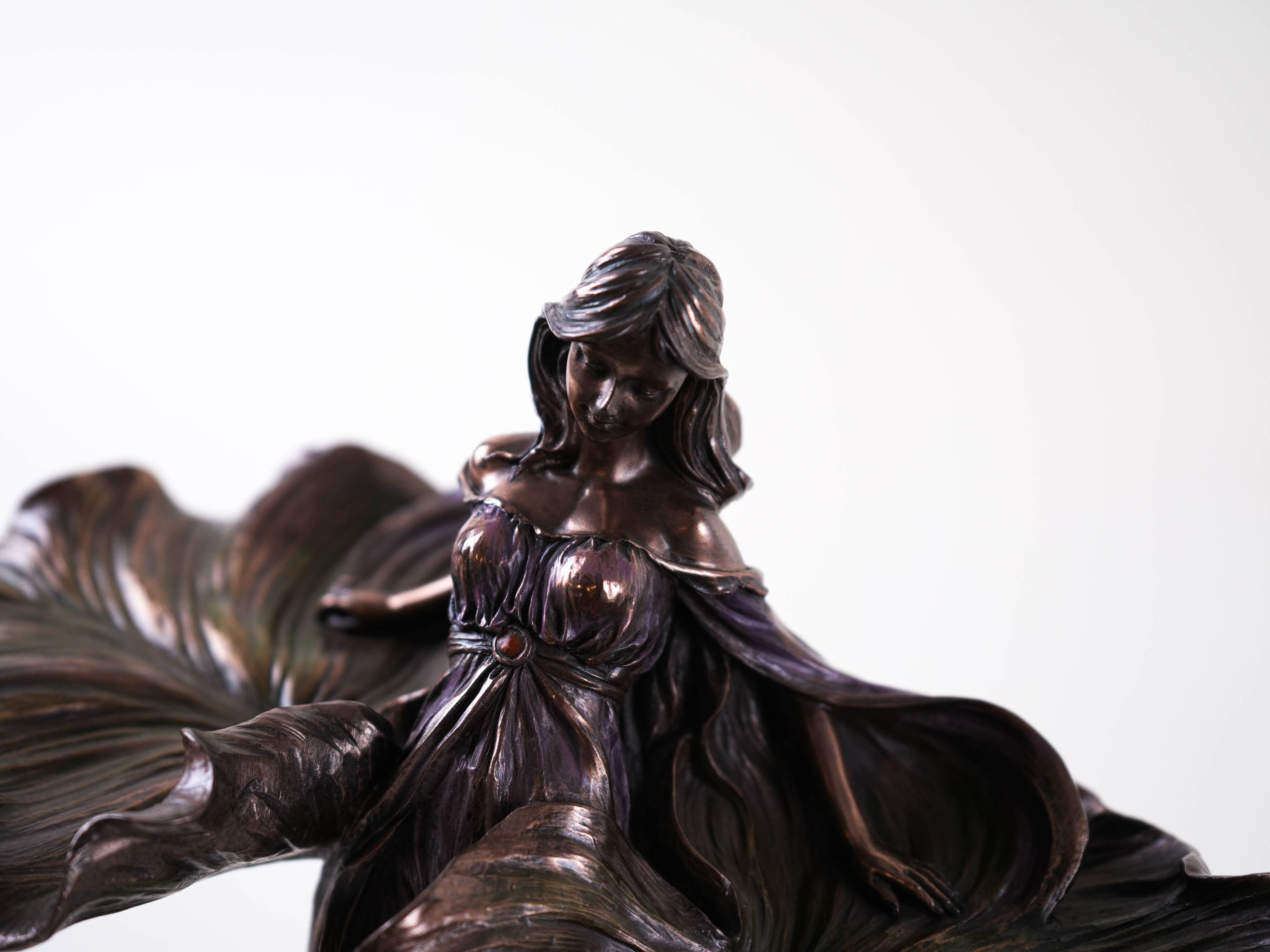 Brass female figurine in Art Deco style with floral motifs, European decorative art