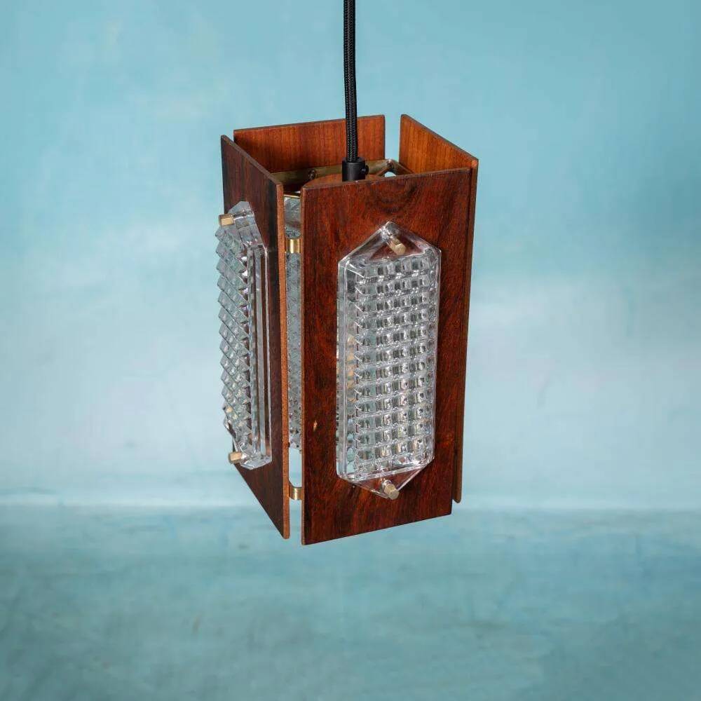 Vintage wooden and glass suspension Flygsfors Facette, glass lamp.
