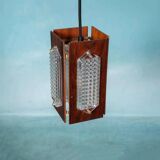 Vintage wooden and glass suspension Flygsfors Facette, glass lamp.