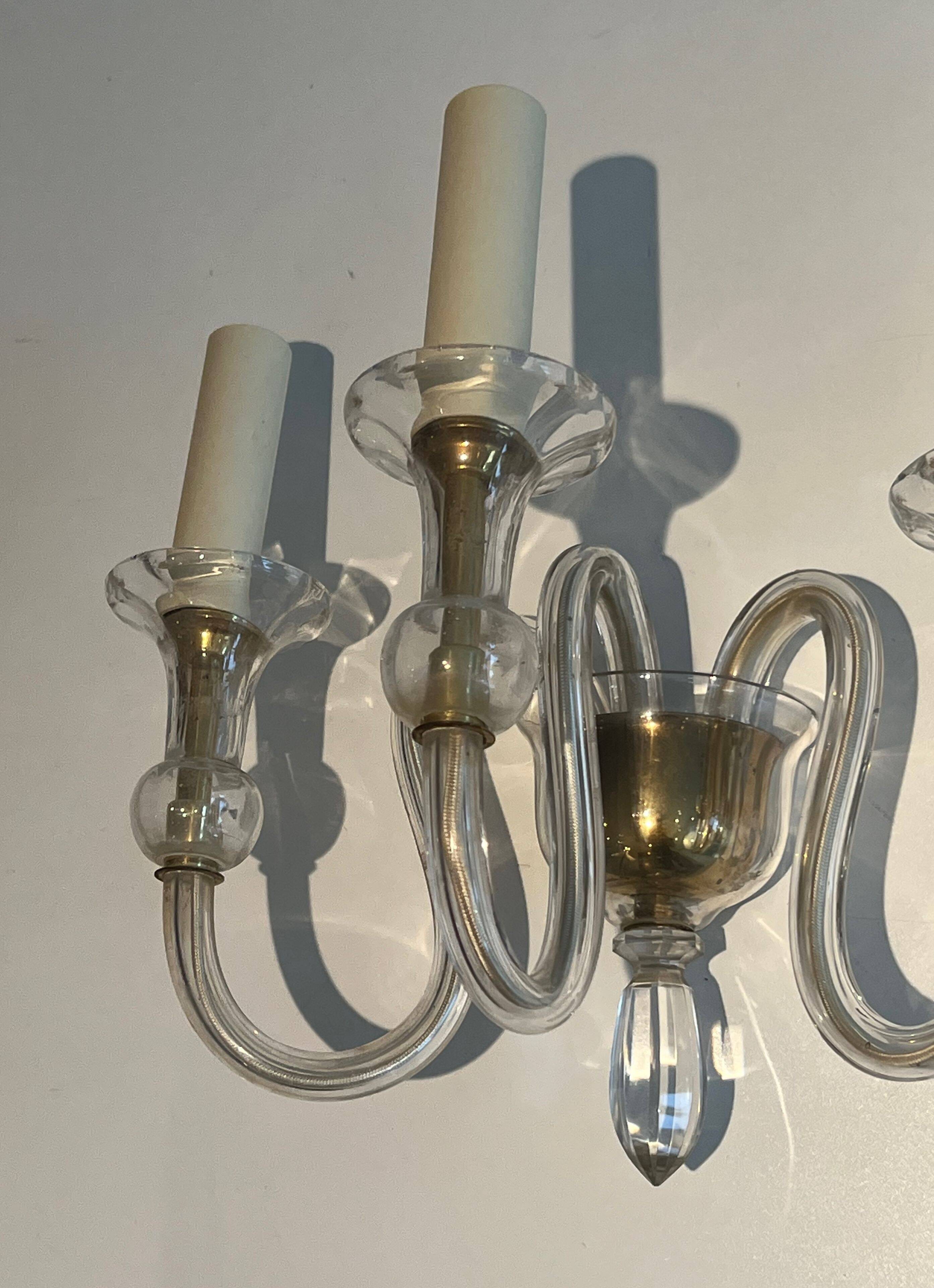 Pair of Murano crystal wall lights with 3 arms.