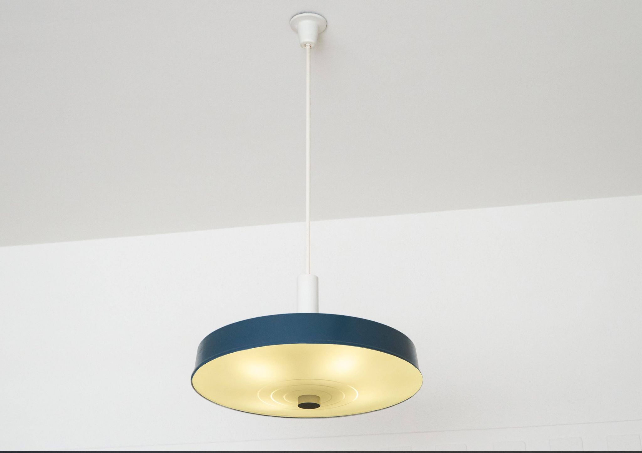 Large Mid Century suspension lamp with lacquered metal and engraved opaline glass from 1960.