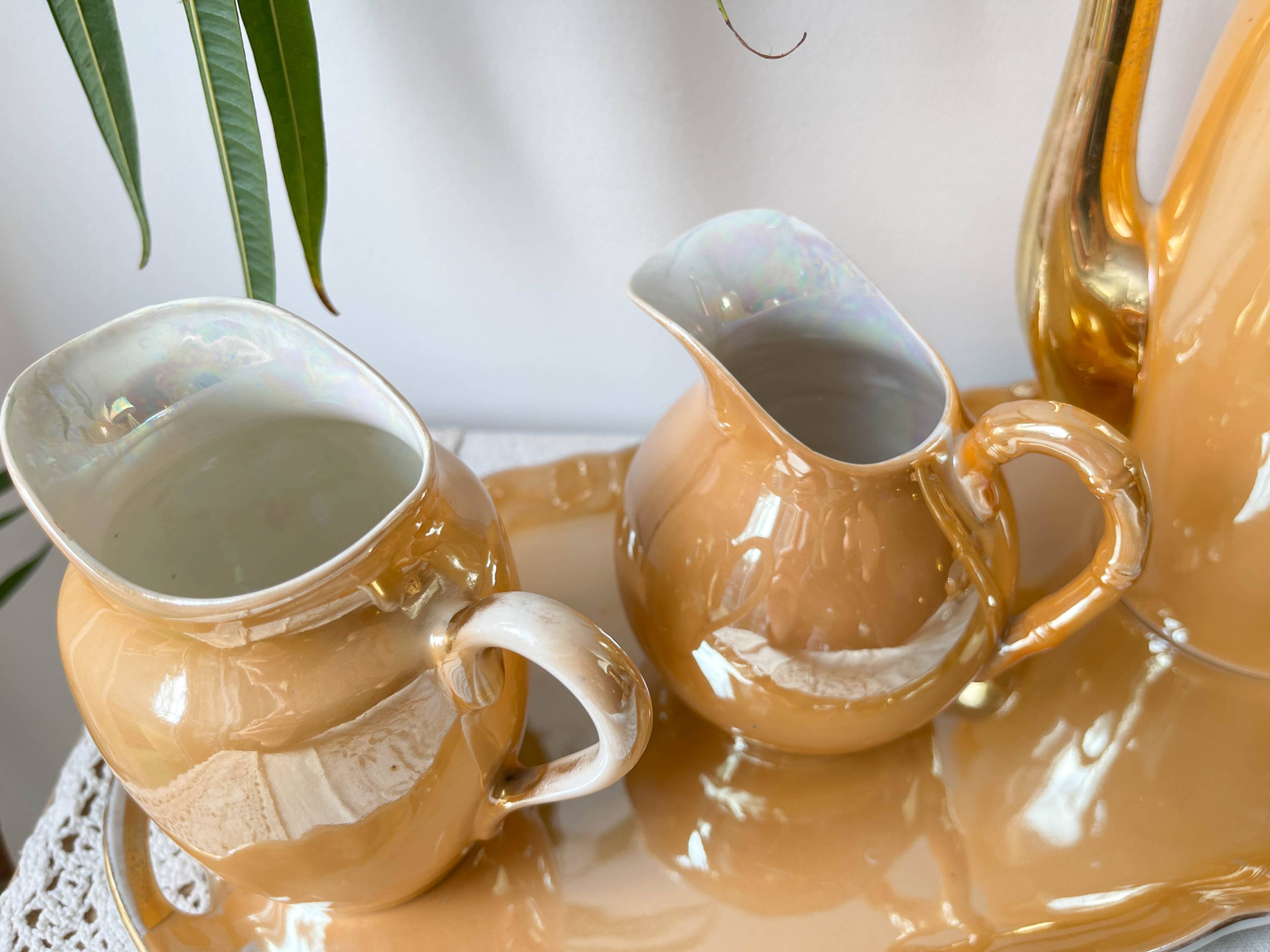 Vintage Czecho-Slovakia Victoria China Iridescent Peach Lustre Tea Set 1950s