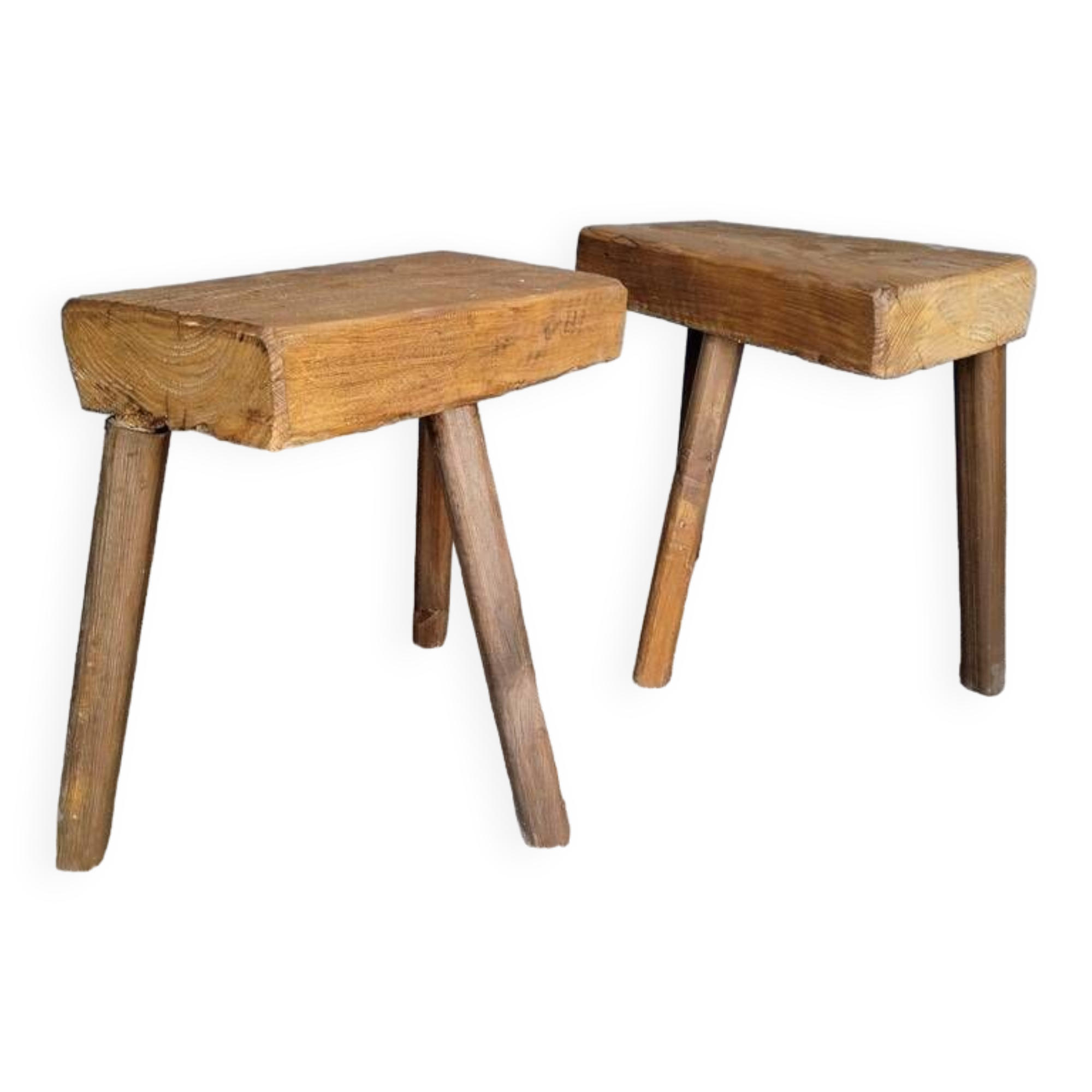 Pair of low stools in old patinated solid wood
