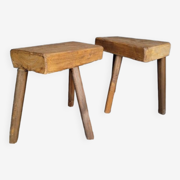 Pair of low stools in old patinated solid wood