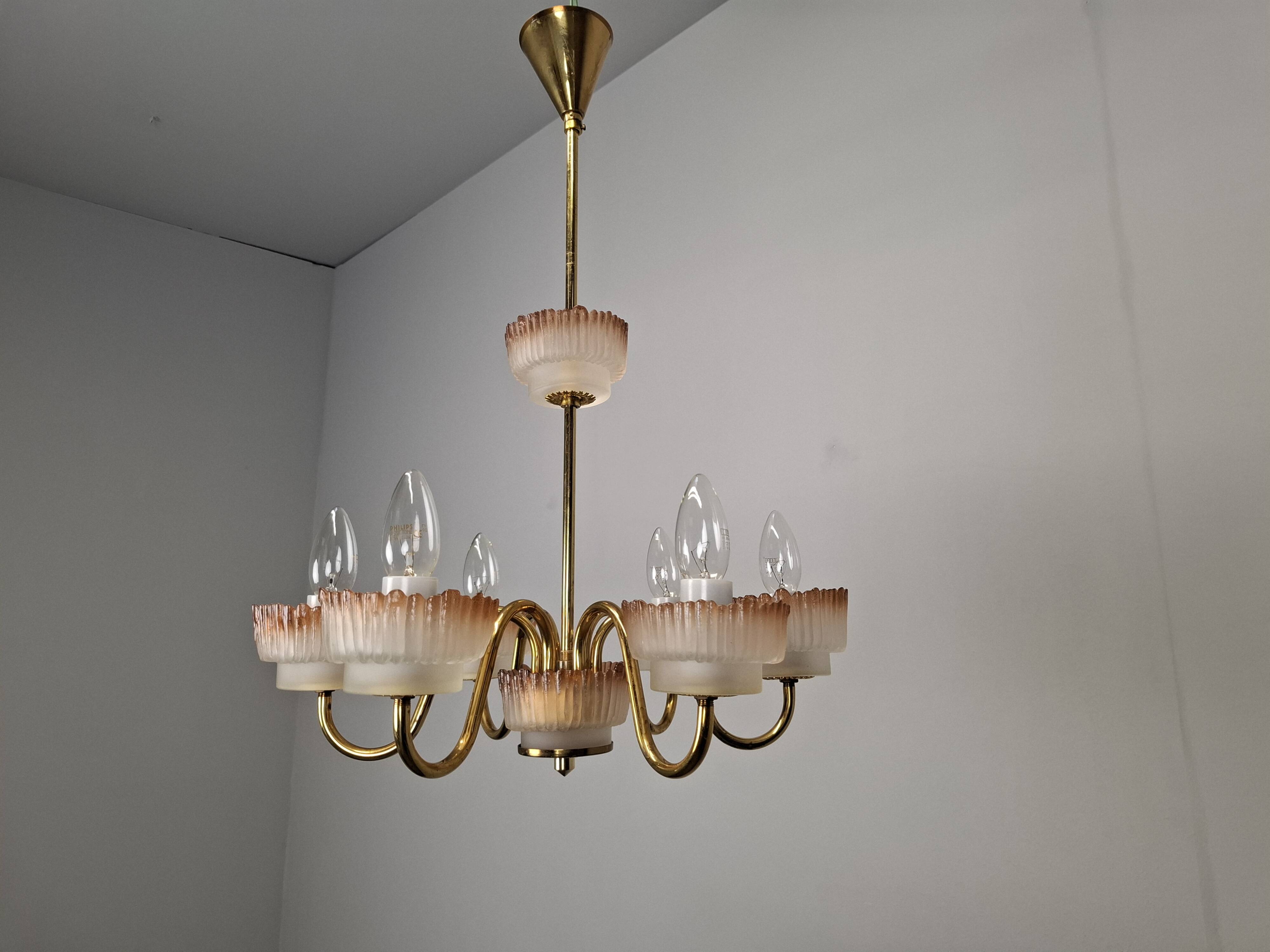 1960s Czech Mid-Century Brass and Železný Brod Frosted Glass Six-Arm Chandelier