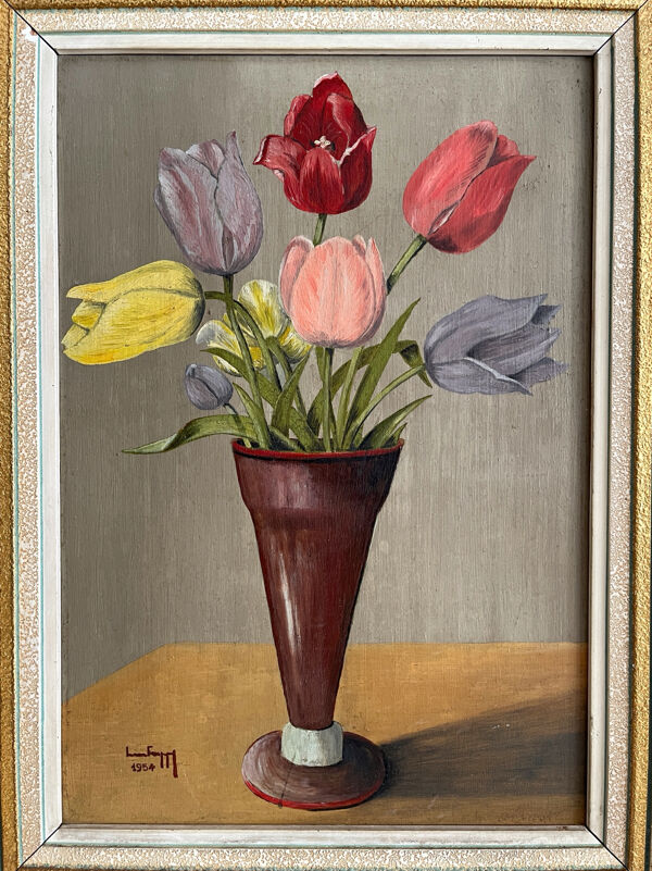 Peinture ancienne tableau huile sur panneau bouquet de tulipes 1954