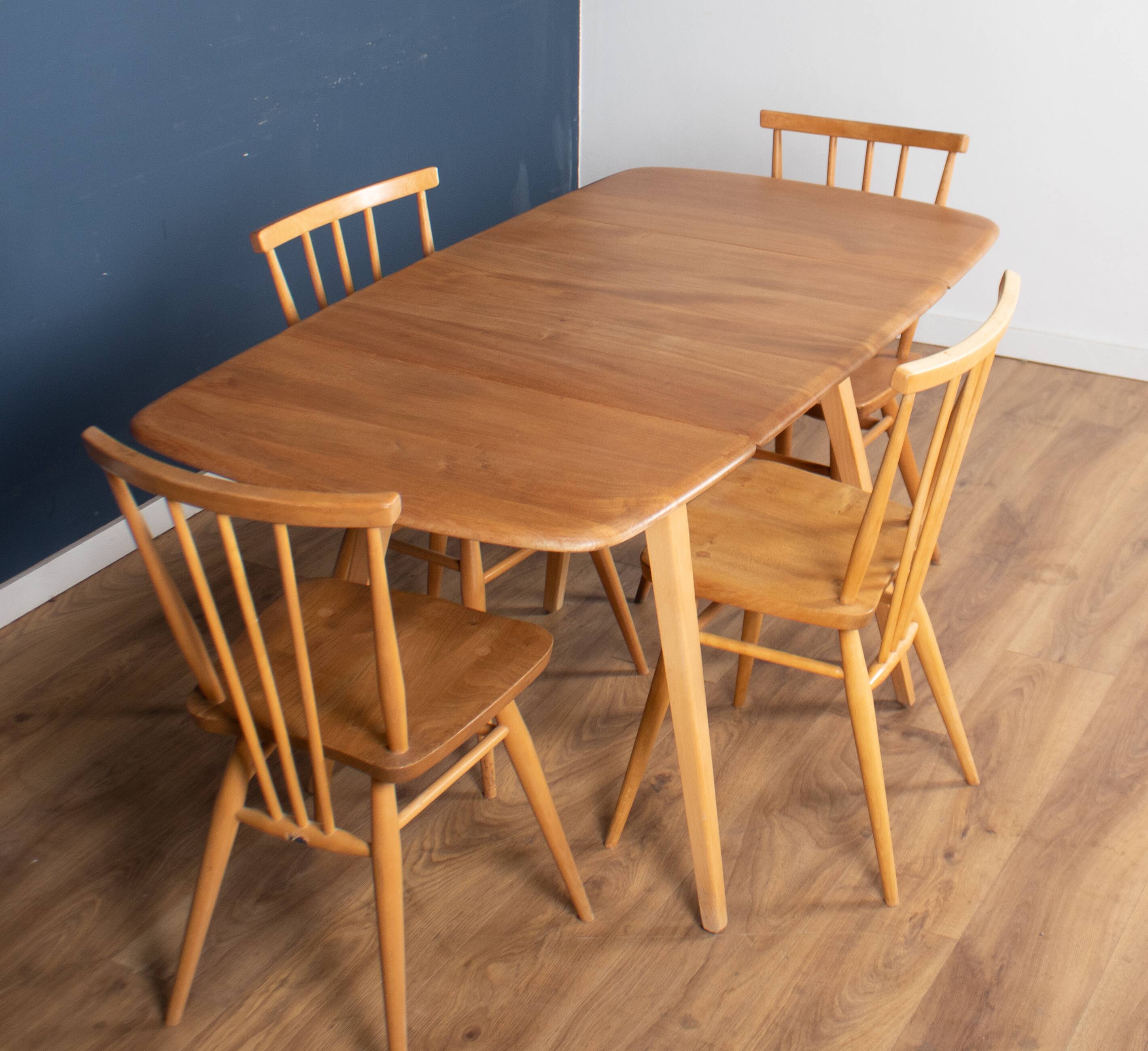 Retro Blonde Ercol Model 383 Dining Table & Four Stick Back Kitchen Dining Chairs