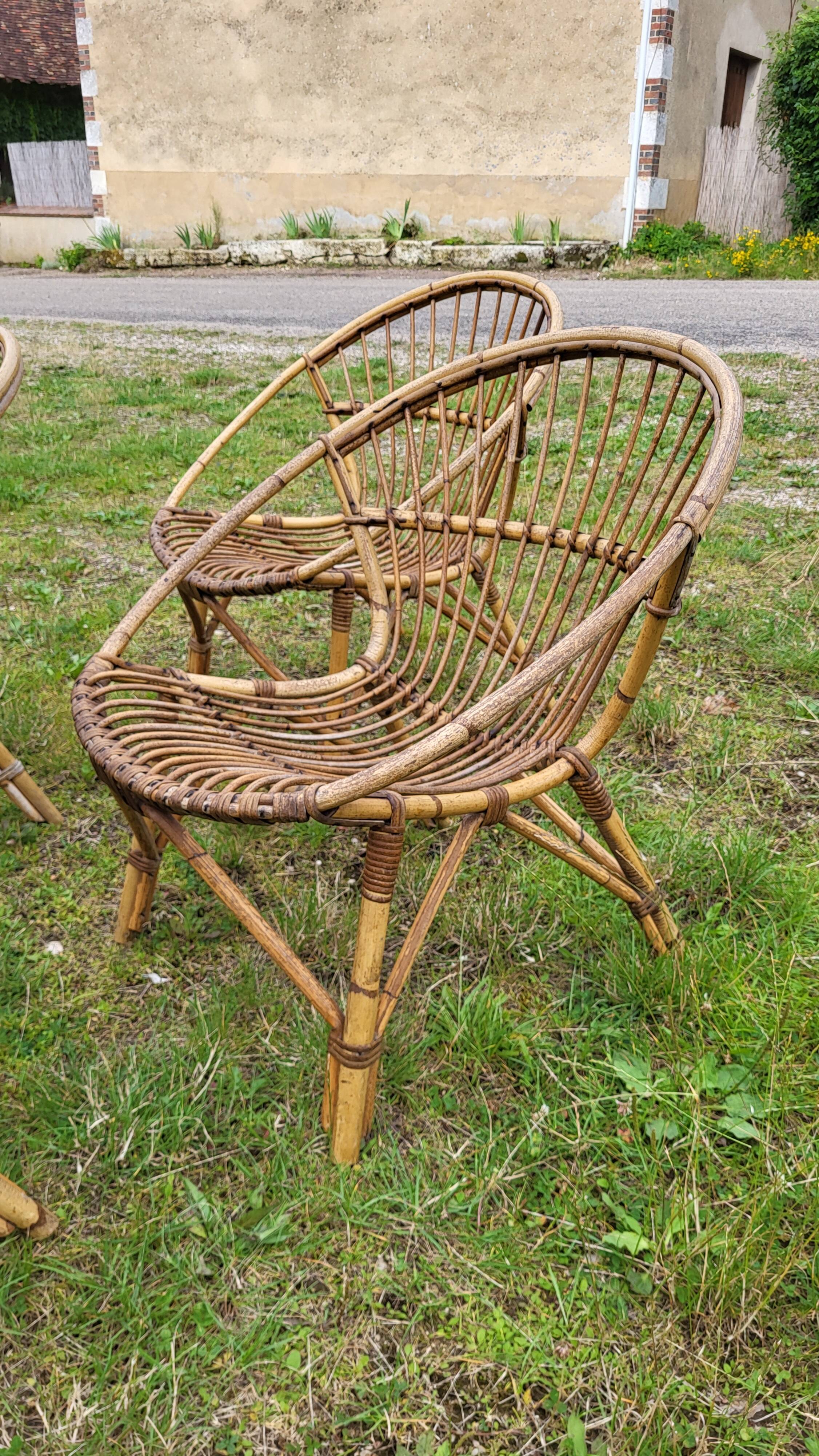 4 "shell" rattan armchairs 1960's