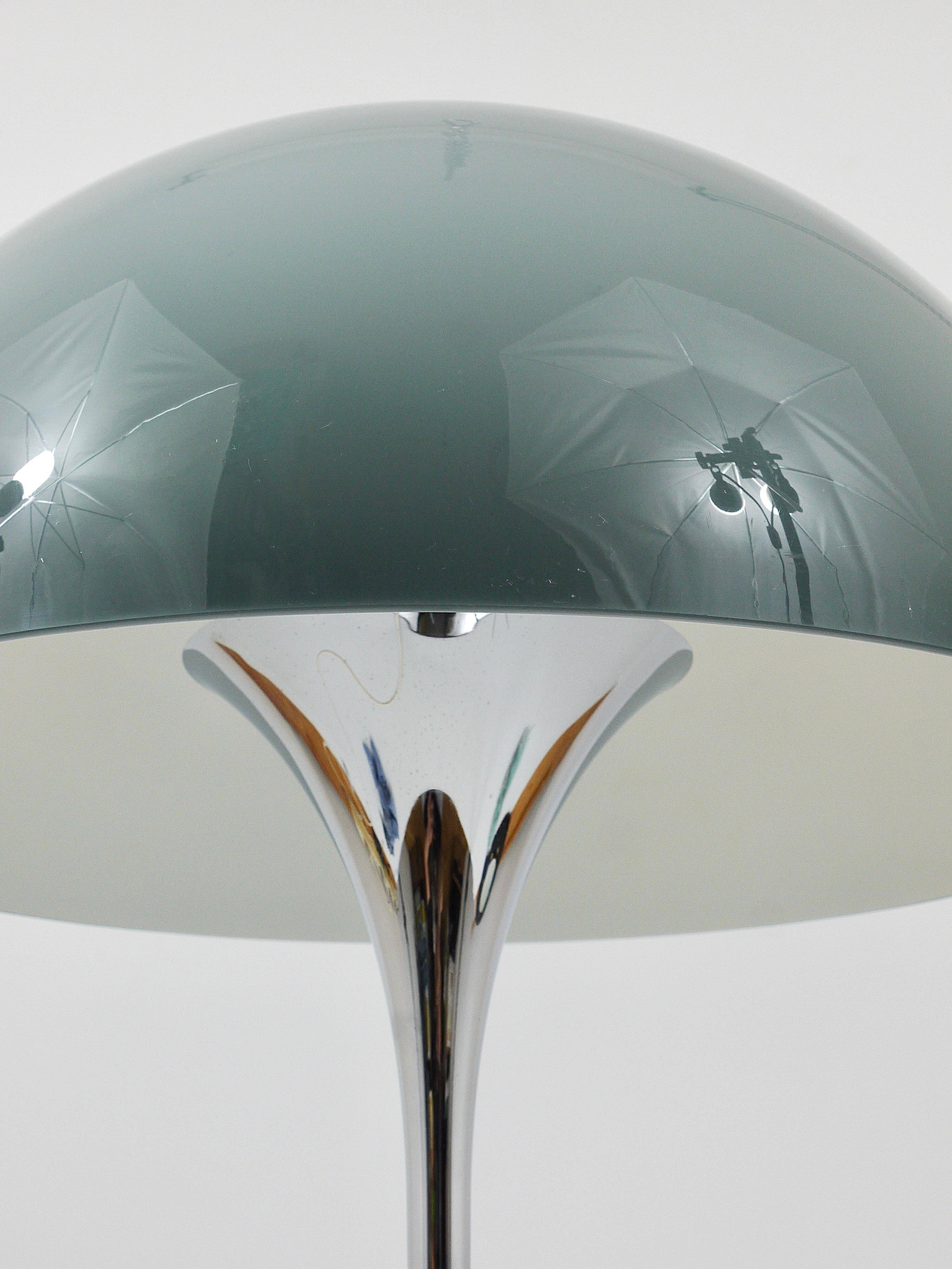 Rare Panthella table lamp by Verner Panton with a chrome base and grey shade.