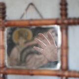 Wooden bamboo imitation mirror, antique mirror, hanging mirror.