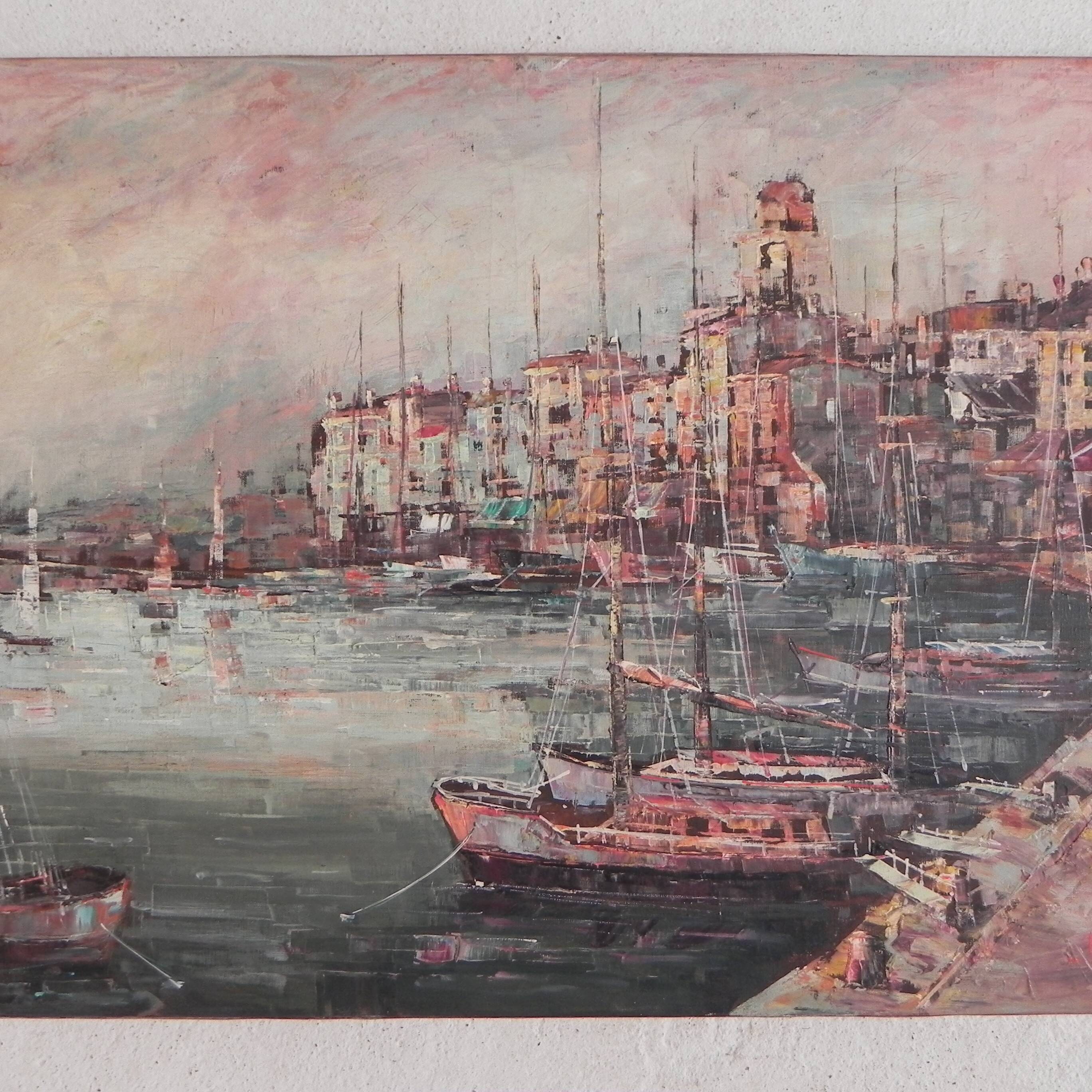 Painting of a cityscape with a harbour, Harry Dedic, 1960s