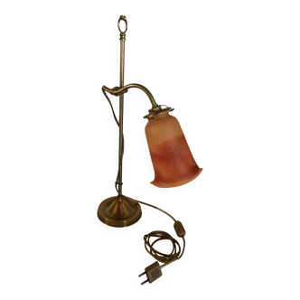 Orange glass paste tulip lamp, art nouveau swan neck, art deco