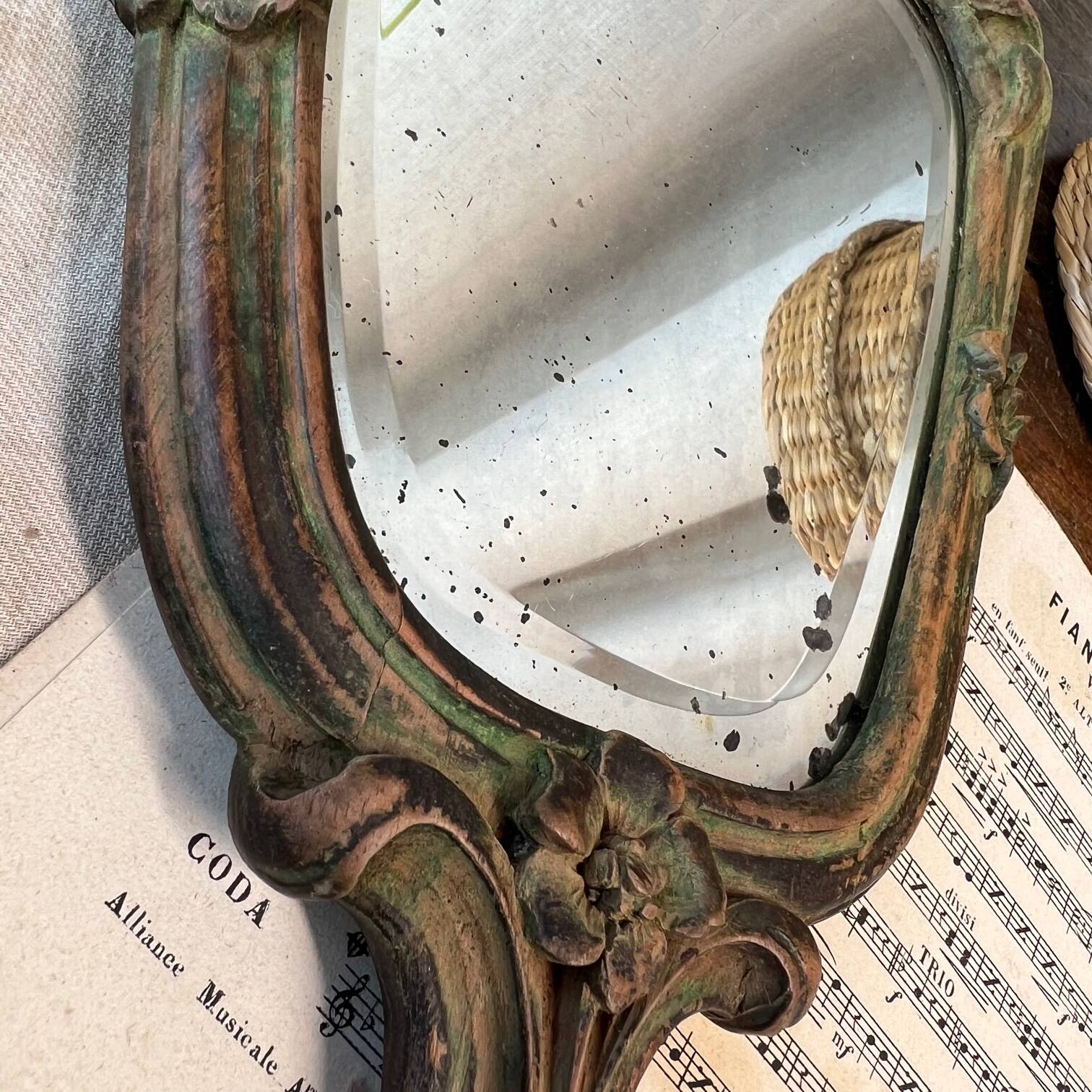 Wooden “hand-held” mirror with MB initials