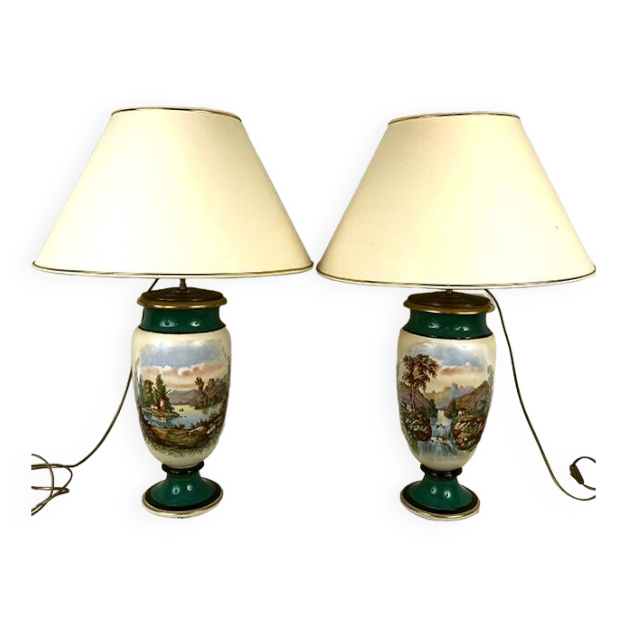 Large pair of 19th century polychrome porcelain vases decorated with landscapes, mounted as lamps