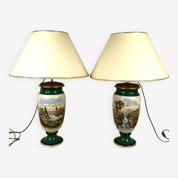 Large pair of 19th century polychrome porcelain vases decorated with landscapes, mounted as lamps