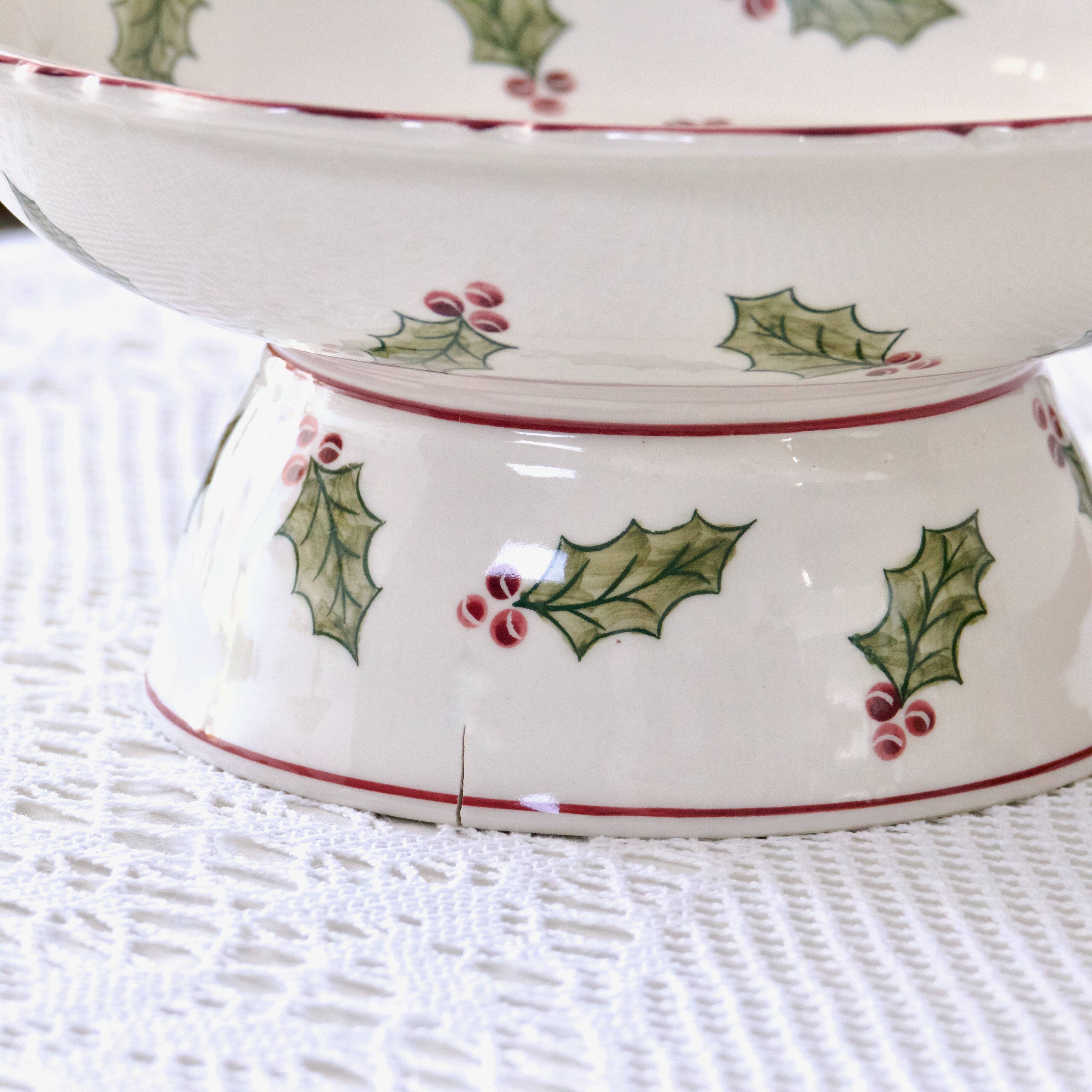 Large hand painted earthenware footed bowl Christmas decor
