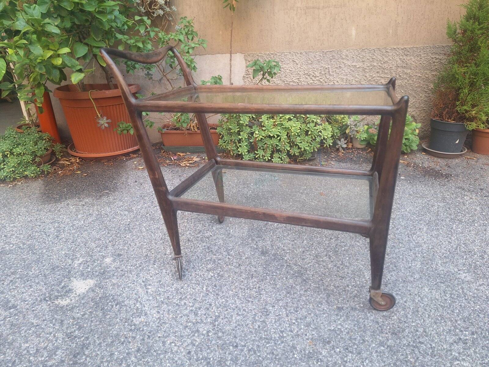 Wooden Trolley with Glass Shelves and Wheels from de Baggis, 1950s