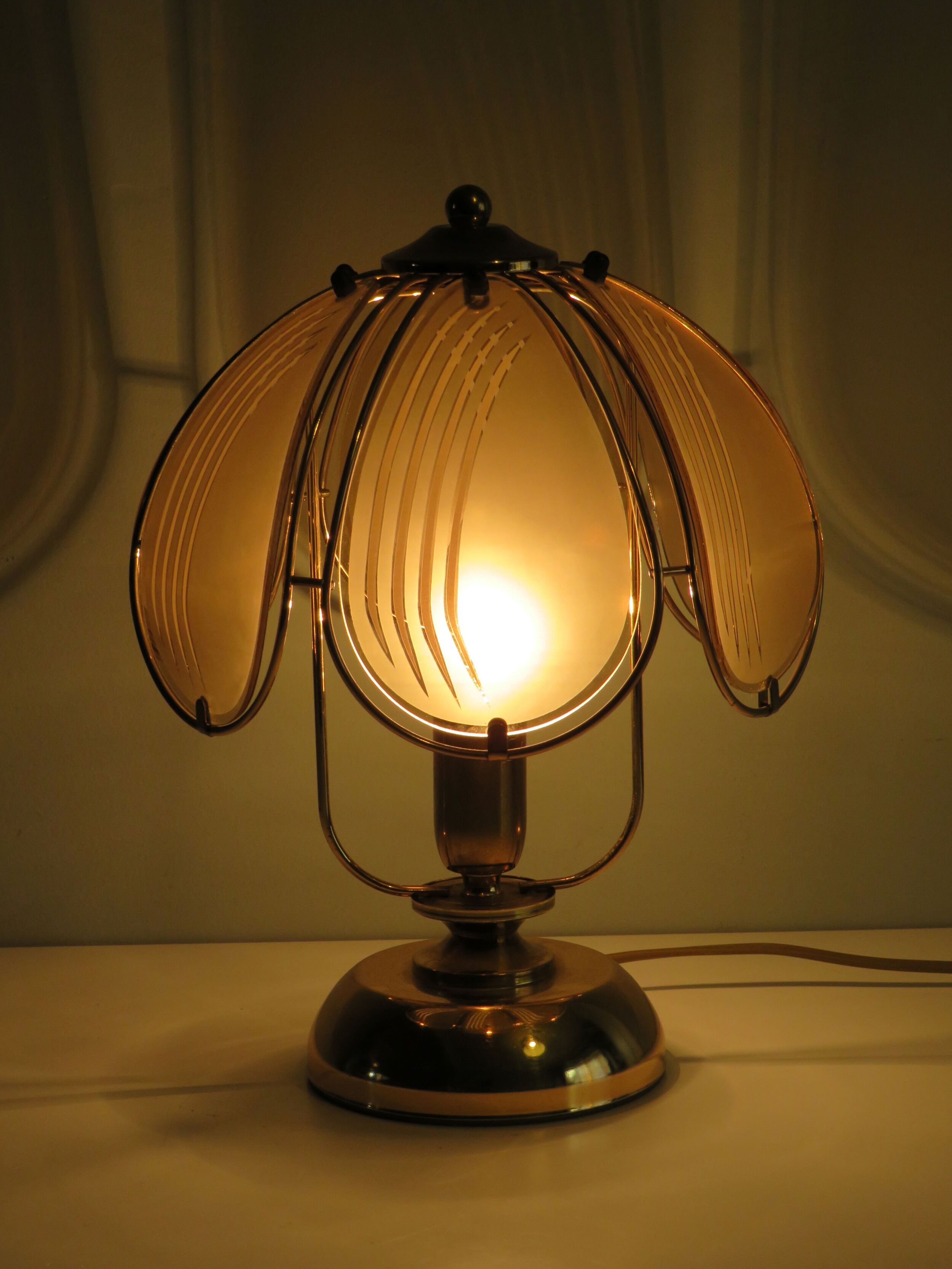 Brass table lamp with smoked glass panels, Belgium 1970