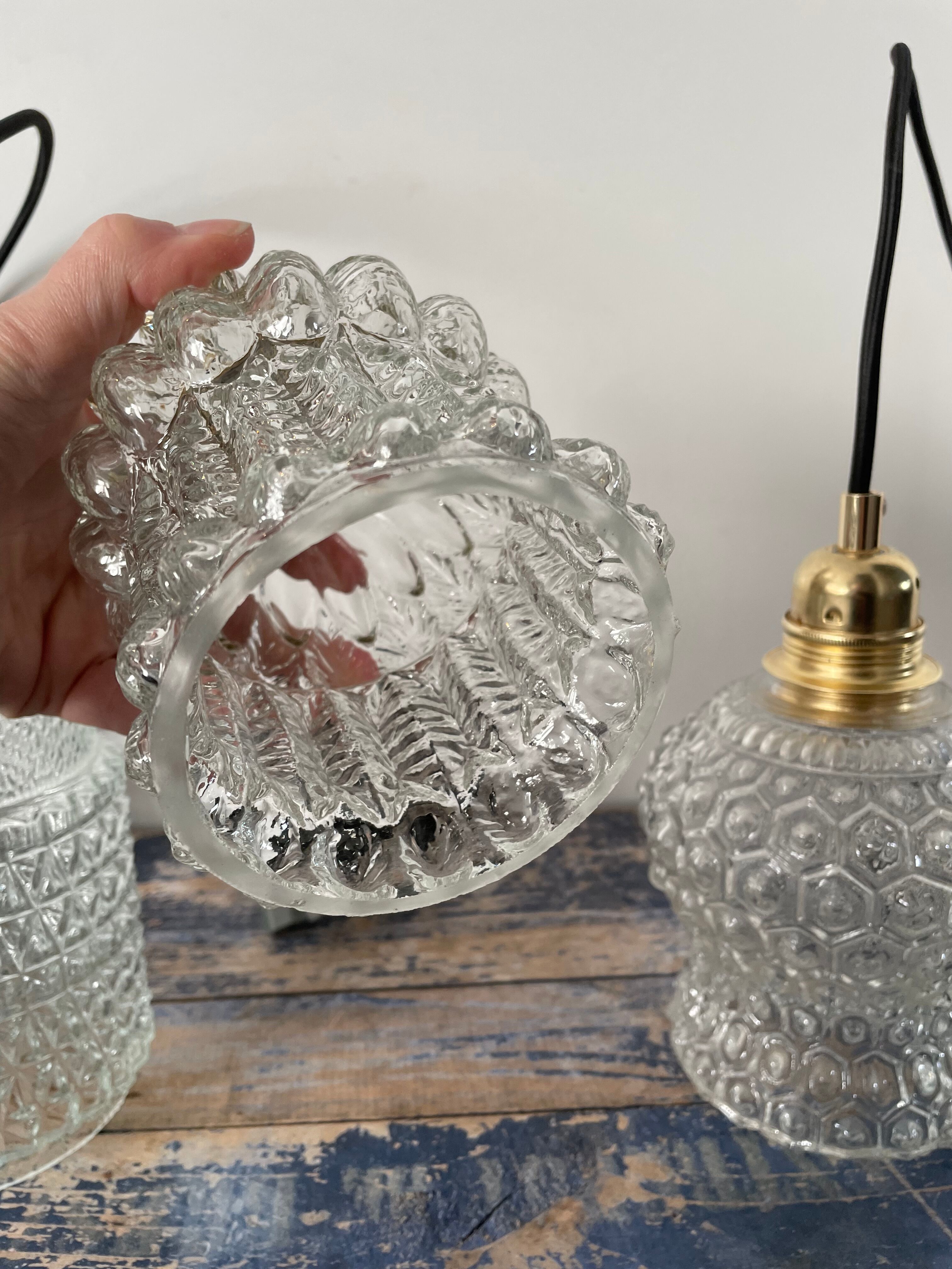 Set of three vintage electrified glass pendant lamps