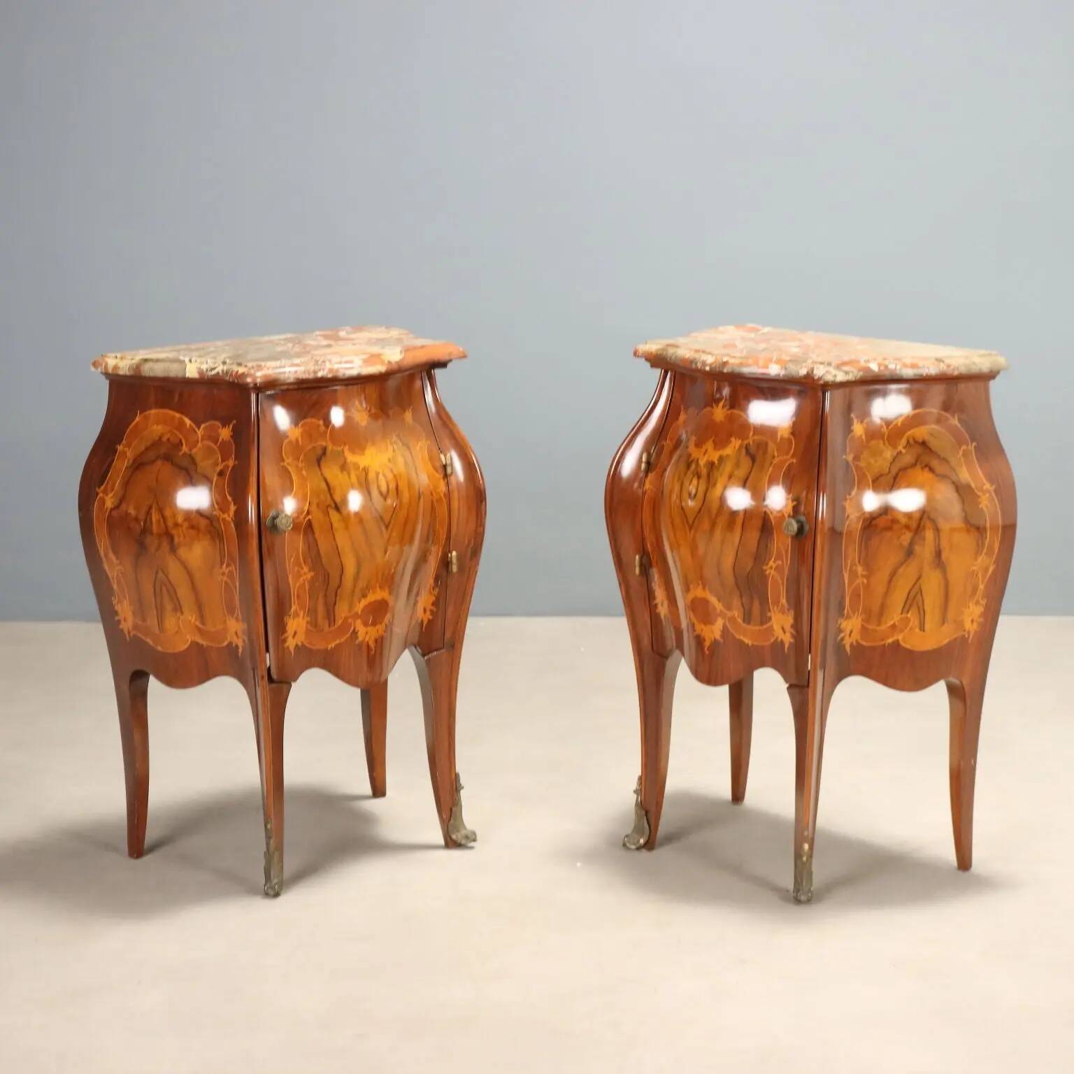 Antique baroque bedside tables in walnut and marble, Italy, 20th century.