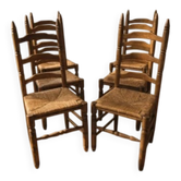 Set of 6 vintage wooden ladder-back dining chairs with woven seats, 20th century, 105 × 38 cm