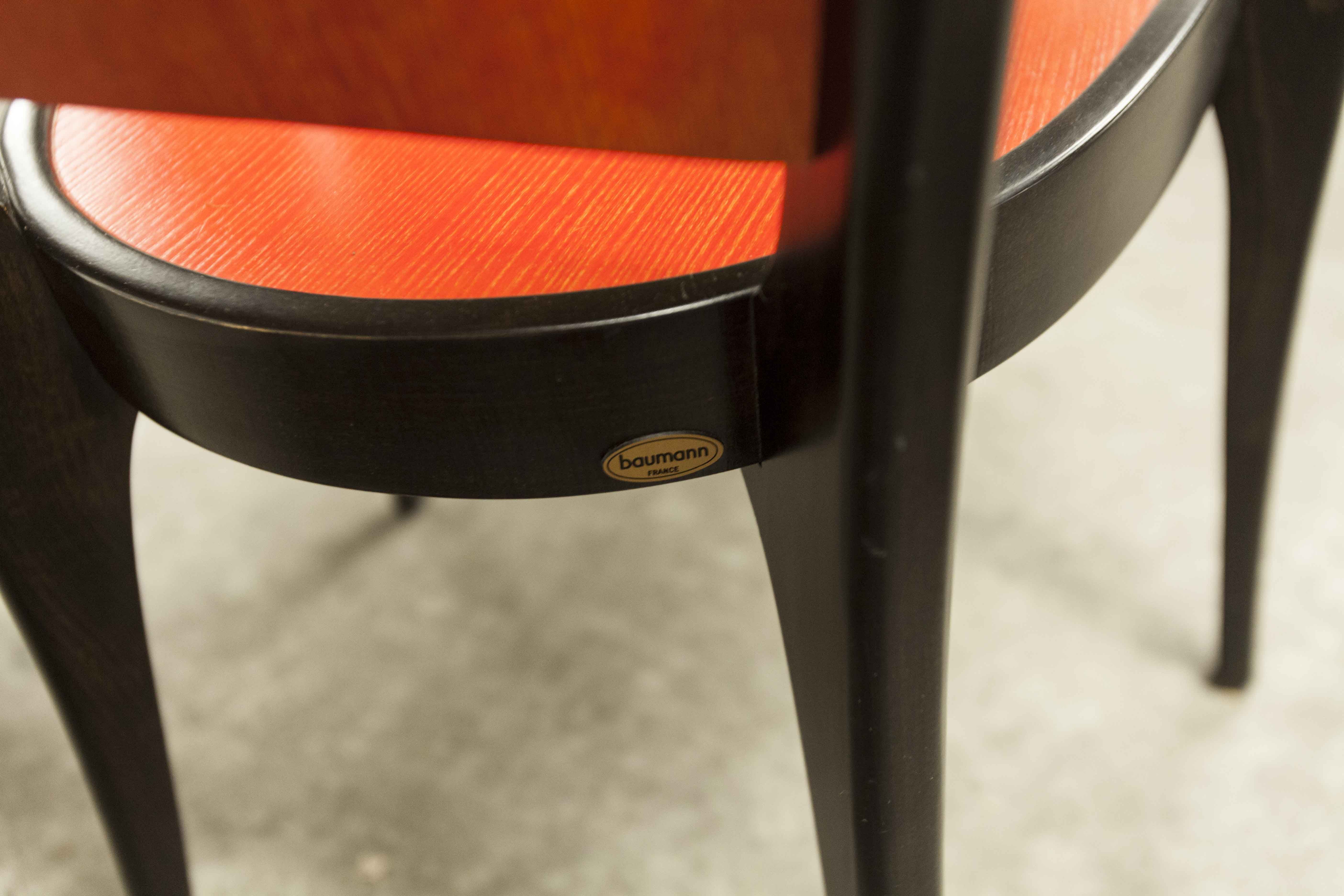 Table and 6 armchairs Baumann Diese, design Pagnon Pelhaître, Wenge color and red,