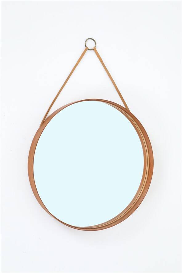 Rare round "#103" wall mirror / teak, leather, brass / by Glas Mäster, Markaryd, Sweden / 1960s / 1970s / Mid-Century Modern Design