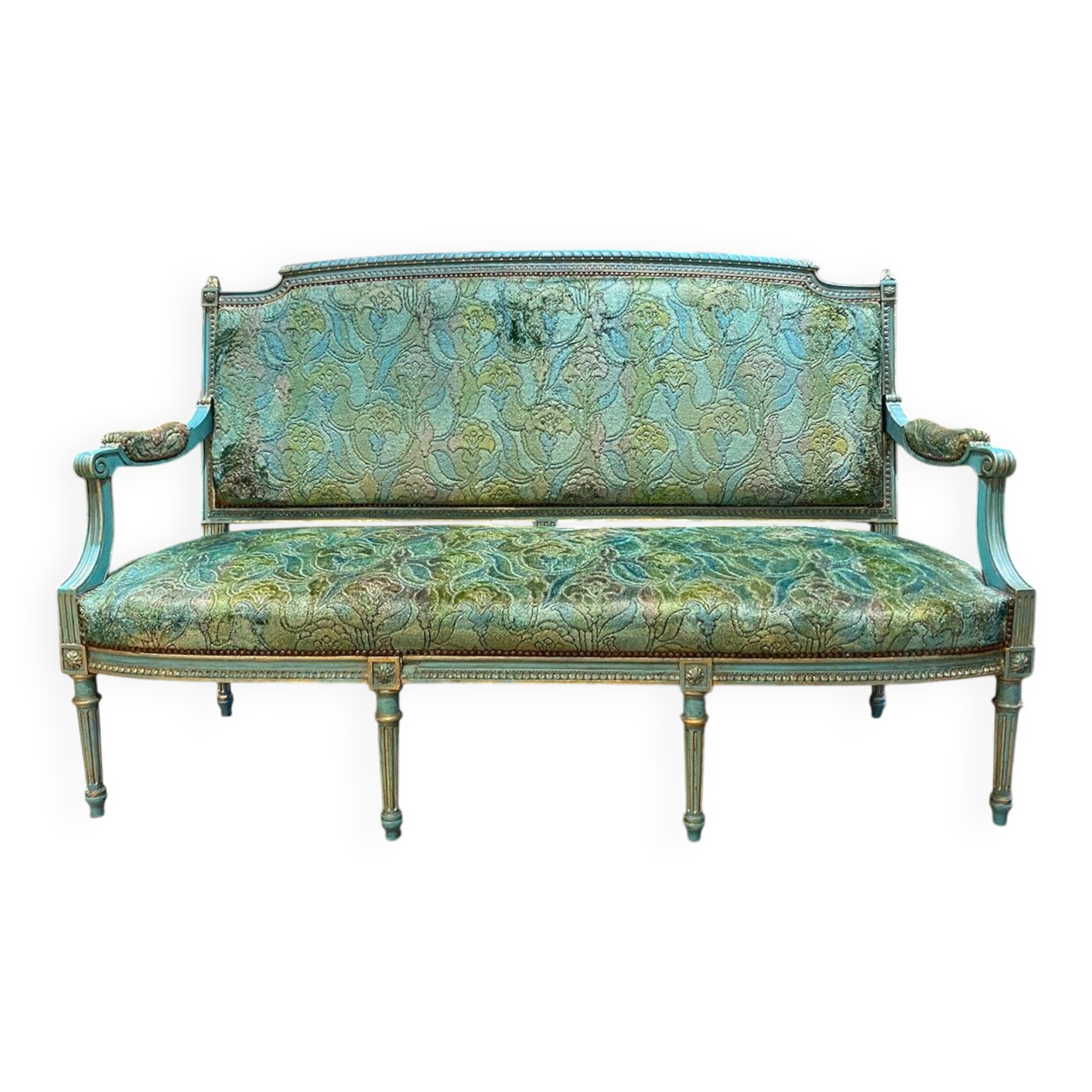 Louis XVI style bench in blue lacquered wood with gold trim