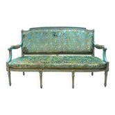 Louis XVI style bench in blue lacquered wood with gold trim