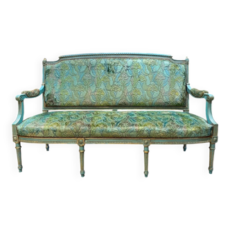 Banquette de style Louis XVI en bois laqué bleu et rechampi or