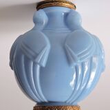 Art Deco vase in molded and pressed opaline. Stamped CLA France décor of Birds