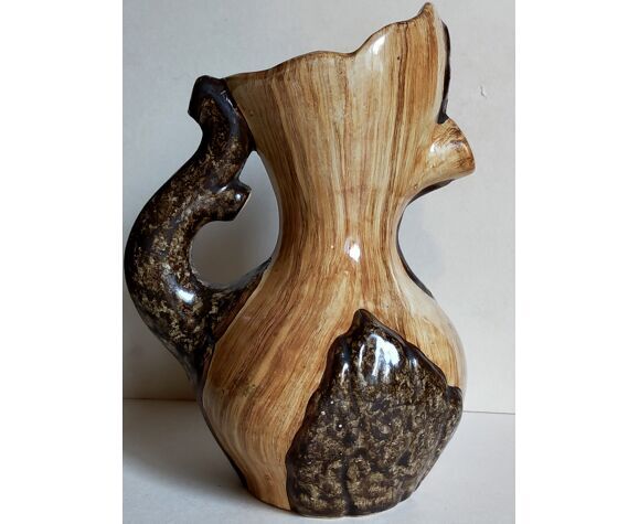 Faux-bois ceramic pitcher signed "Cérart" MONACO vintage