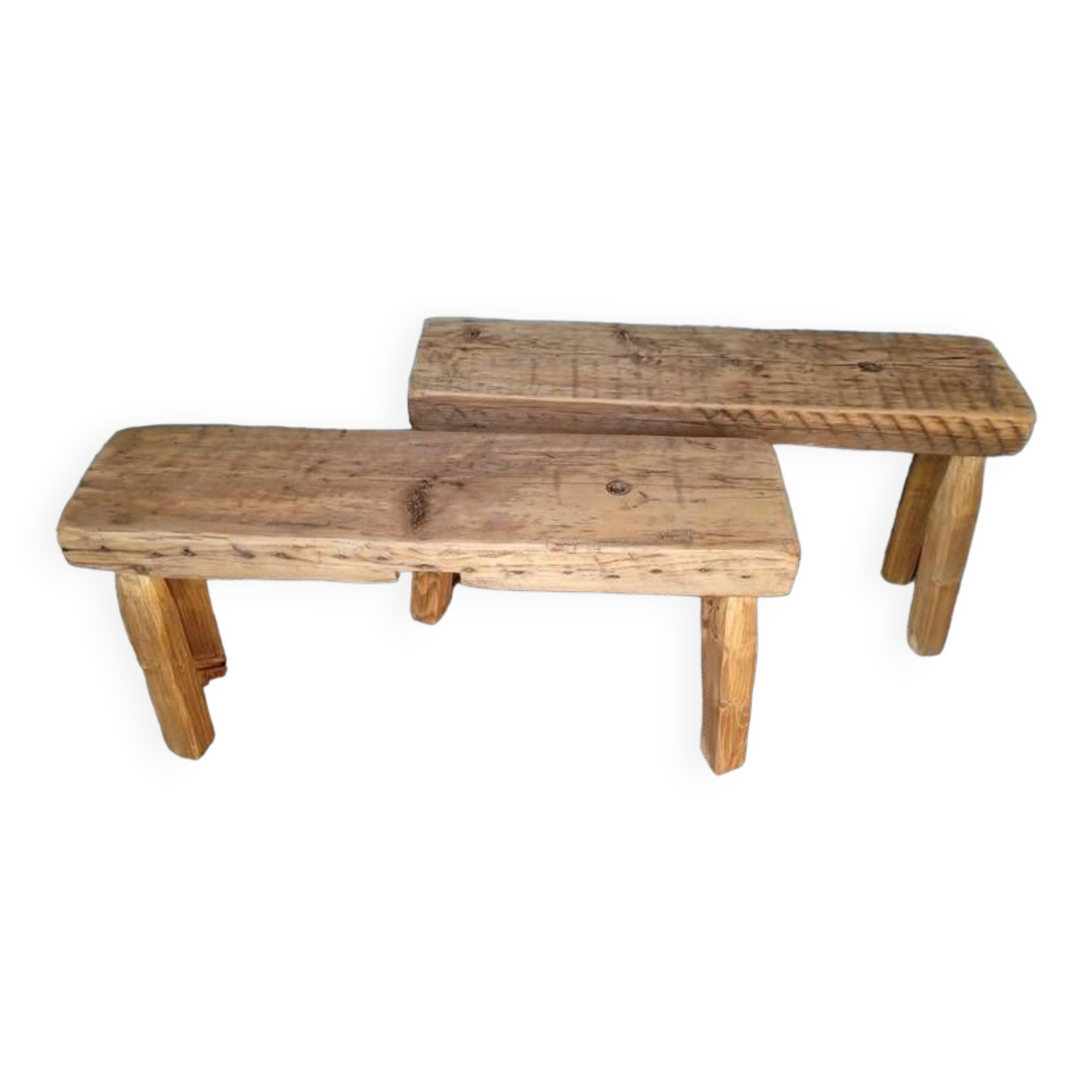 Paire 2 bancs / tabourets bois massif patiné
