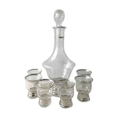 Service à liqueur, en verre avec liseré argenté, art deco