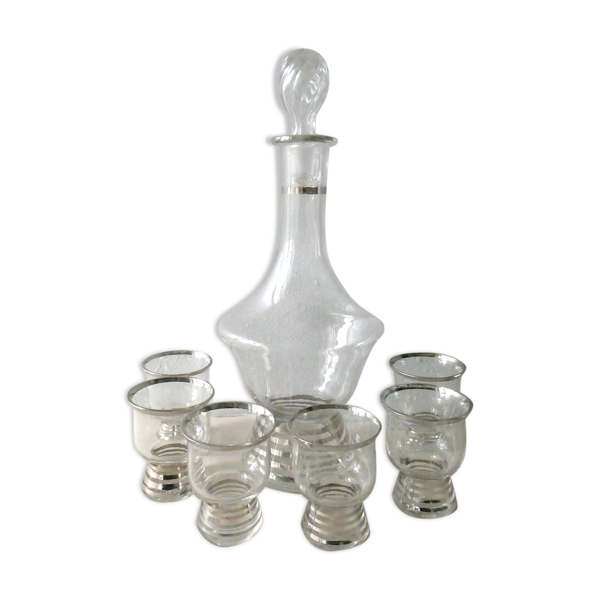 Service à liqueur, en verre avec liseré argenté, art deco