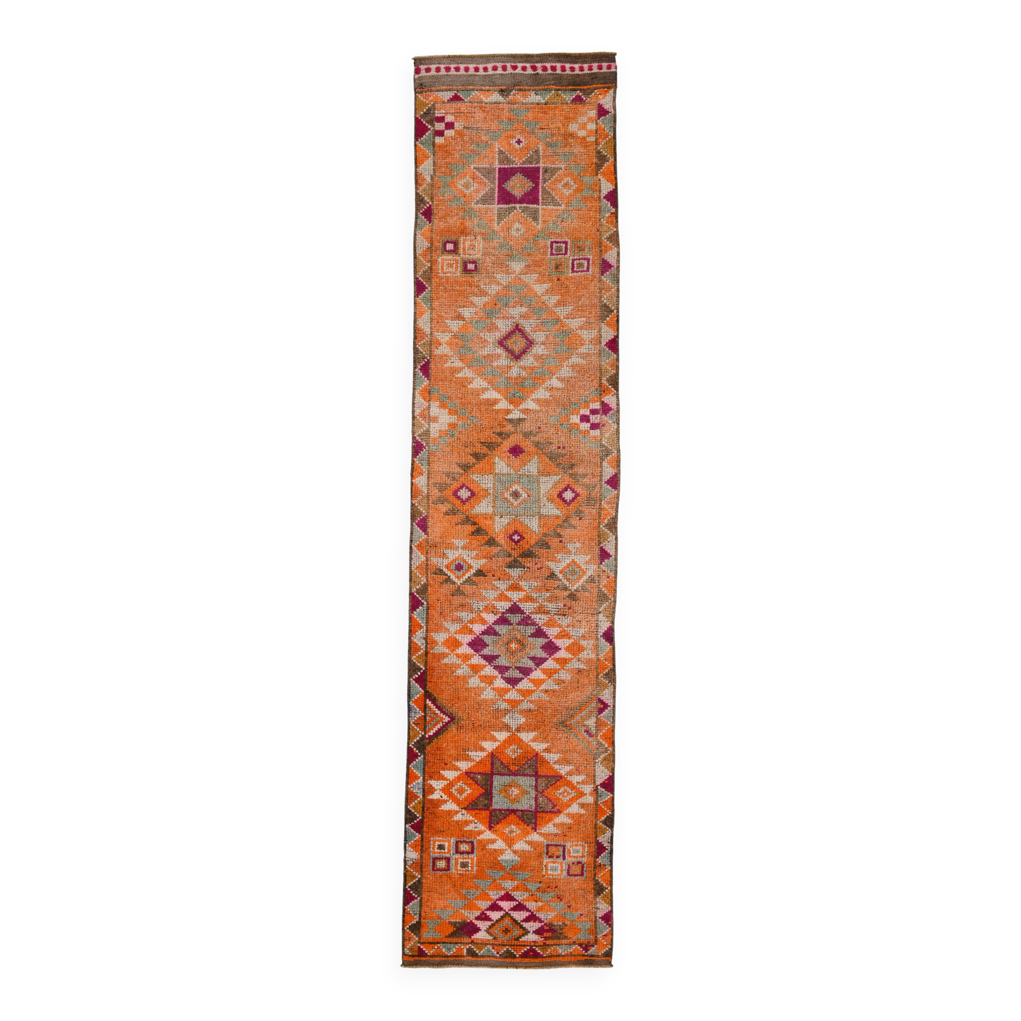 Tapis Couloir Vintage Anatolien Orange Motifs Géométriques, 83x367 Cm