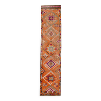 Tapis Couloir Vintage Anatolien Orange Motifs Géométriques, 83x367 Cm