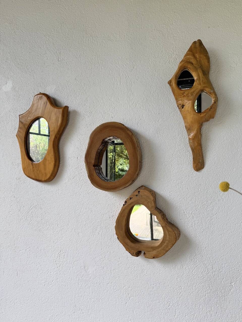 Set de 4 miroirs organiques brutalistes en bois années 50