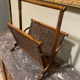 Wicker and brown wood magazine rack