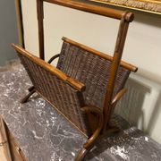 Wicker and brown wood magazine rack