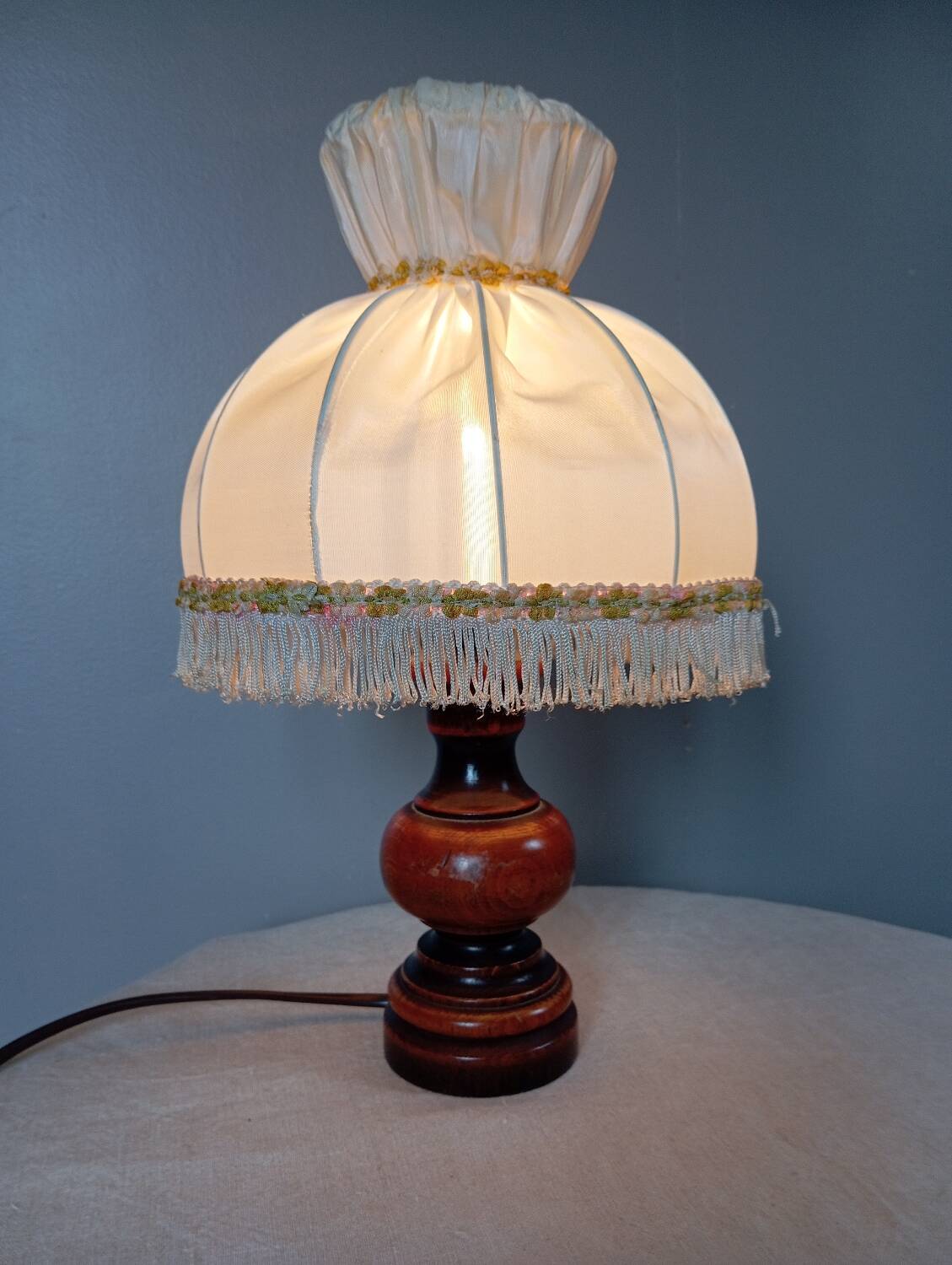 Rustic chic bedside lamp, wood and dome lampshade