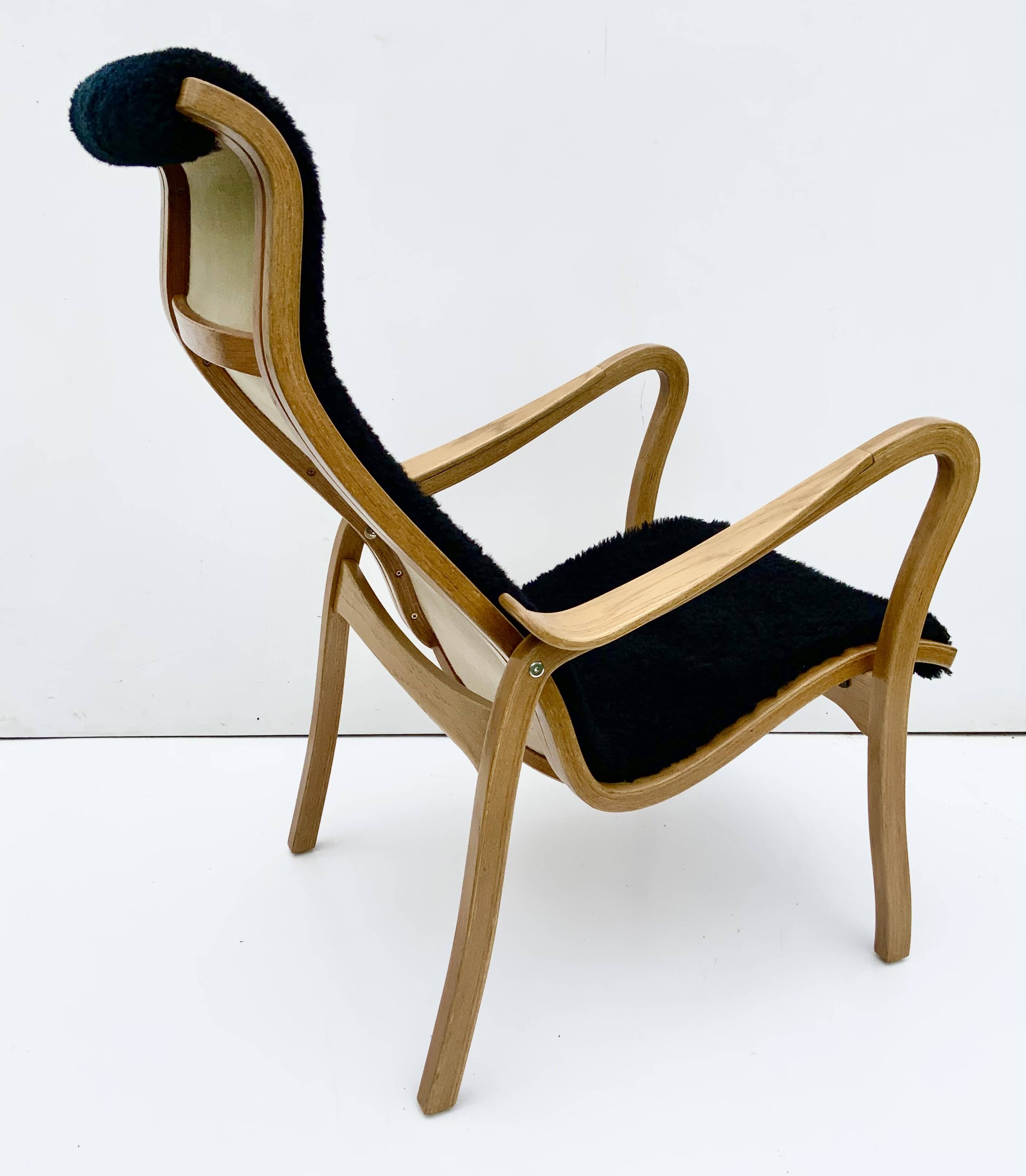 Vintage G.A. Berg “Torparen” Armchair, Oak, Black Sheepskin, Ottoman, 1960s