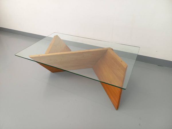 Table basse rectangulaire vintage en orme massif et verre des années 80