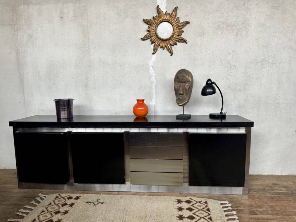 Vintage wooden and aluminum sideboard designed by the 1970s with 3 doors and 4 drawers