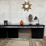 Vintage wooden and aluminum sideboard designed by the 1970s with 3 doors and 4 drawers
