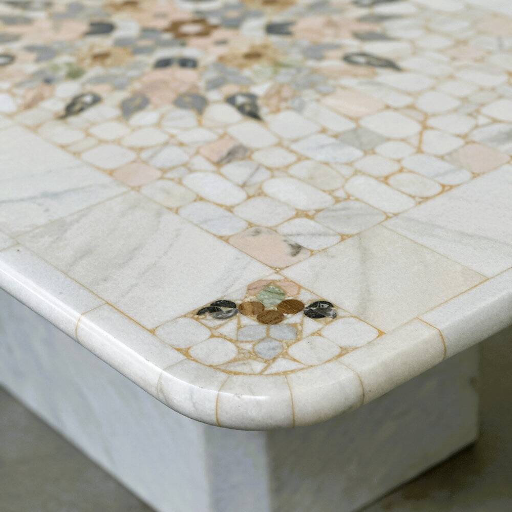 Large Italian pietra dura marble mosaic coffee table, floral inlay, Carrara marble